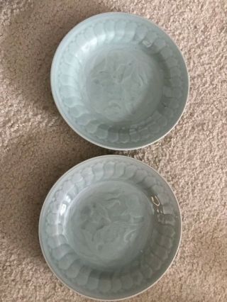 Pair Antique Chinese Porcelain Longquan Celadon Plates Fish - 8 " H