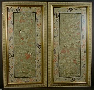 Pair Vintage Chinese Silk Embroidery ‘figural & Landscape’ Panels