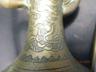 Antique Chinese Carved Brass Ewer with 5 Clawed Dragon & Good Luck Bats/Emblems 3
