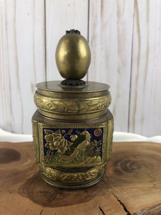 Antique Chinese Brass Cloisonne Enamel Opium Canister Jar Snuff Box Peacock Bird