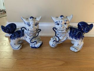 Vintage Antique Blue Chinese Asian Ceramic Foo Dog Fu Lions