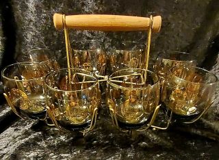 Vintage Set Of 8 Mid Century Gold Coin Roly Poly Drinking Glasses With Carrier