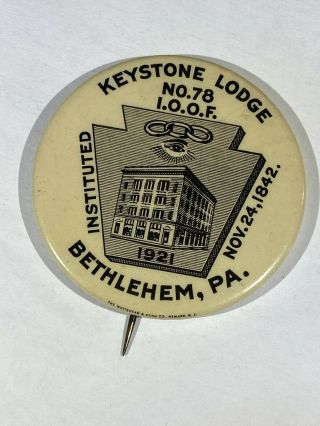 Vintage 1921 Ioof Odd Fellows Keystone Lodge 78 Behlehem Pa Whitehead Hoag Pin