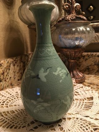 Vintage Celadon Crane Green Glazed Korean Vase Ceramic Pottery Signed Bottom