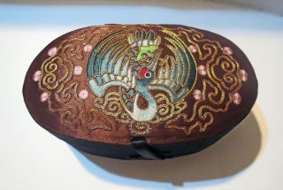 Antique Chinese Embroidered Silk Tapestry Tea Box - Rising Phoenix Bird