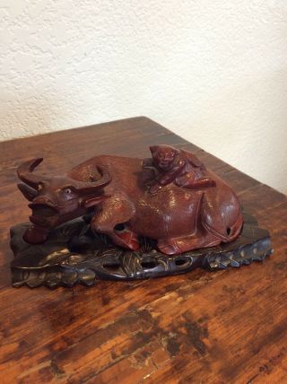 Vtg Chinese Hand Carved Wood Oxen Figure With Man Riding,  Asian Art Decor Statue