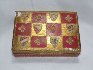 Antique Vintage Plaster On Wood Gold Painted Box W/ Coats Of Arms 6 " X4 " X1.  75 "