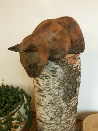 Vintage Hand Carved Wood Cat Figurine Statue Wooden Sculpture 70s Handmade