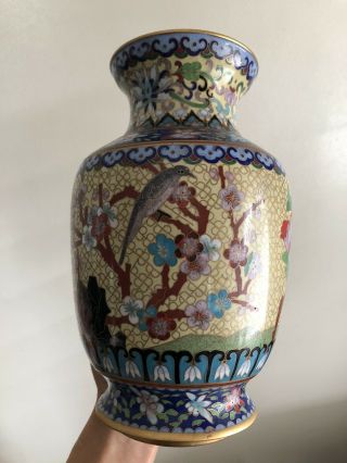 Fine Old Large Chinese Cloisonne Enameled Copper Vase Birds Flowers Ruyi Art