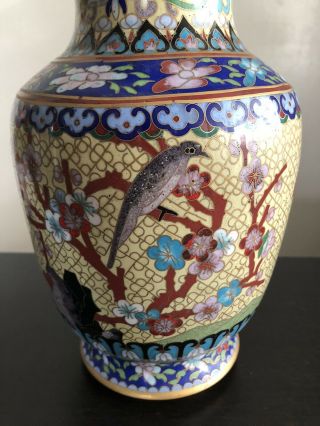 Fine Old LARGE Chinese Cloisonne Enameled Copper Vase Birds Flowers Ruyi Art 3
