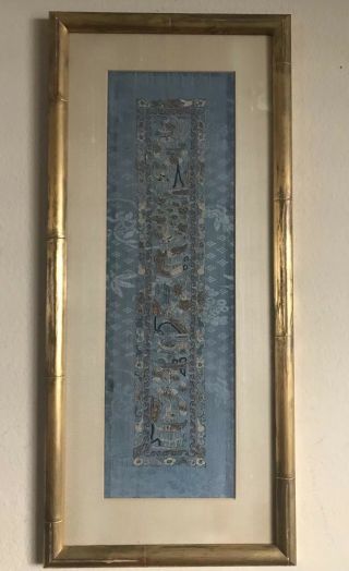 Antique Chinese Blue Silk Forbidden Stitch Embroidery Wall Frame Flower 19th C