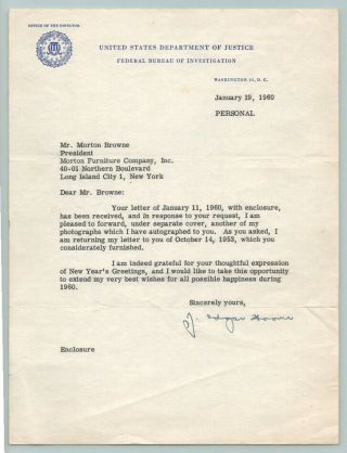 1960 Vintage J Edgar Hoover Signed Autograph On Fbi Letter With Psa/dna