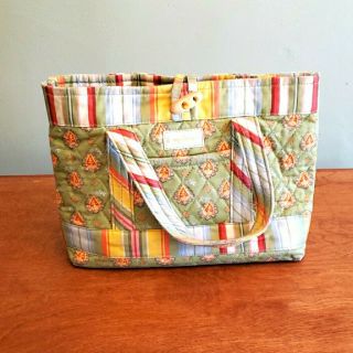 Longaberger Homestead Quilted Fabric Tote Purse Green Floral Striped