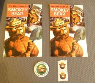 Vintage 1969 - 2 The True Story Of Smokey The Bear Comic Books W/ Pin & Stickers