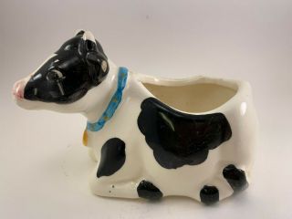 Vintage Black & White Ceramic Cow Planter Made In Brazil