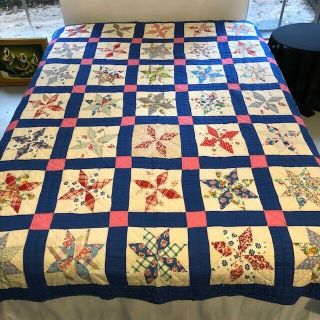 Vintage Feed Sack Hand Pieced & Quilted Lemoyne Star Quilt; Queen; Fabrics