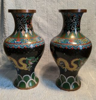 Vintage Large Chinese Cloisonne Vases Dragon Five Claws 23cm