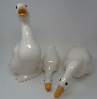 Vintage Set Of 3 Large Ceramic White Ducks In Action Poses Figurines