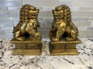 China Chinese Folk Fengshui Brass Lucky Foo Fu Dog Guardion Lion Pair Statue