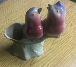Vintage Small Ceramic Planter Bud Vase Pastel Two Blue Birds On A Limb 4 " X 5 "