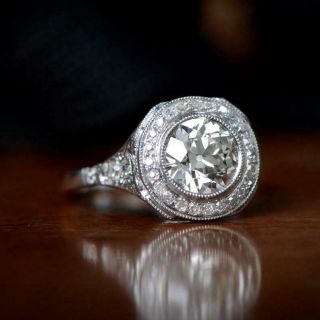 Vintage Art Deco Engagement Halo Diamond Ring 2.  2 Ct Diamond 14k White Gold Over