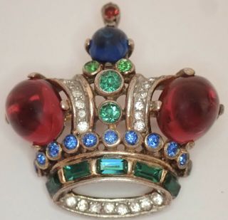 Vintage Trifari Sterling Silver Ruby Sapphire Emerald Rhinestone Crown Pin