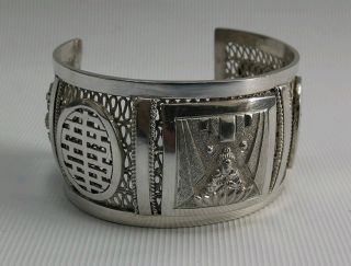 Vtg C1900 Chinese Export Solid Silver Cuff Bangle Bracelet Buddha & Dragons
