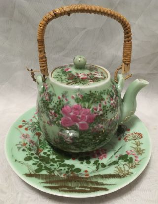 Lovely Antique Japanese Meiji Period Seto Celadon Green Teapot & Underplate Set