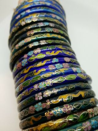 25 Vintage Chinese Cloisonne Enamel Blue Breen Floral Bangle Bracelets