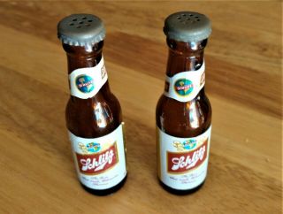 2 Vintage Schlitz Salt And Pepper Shakers Glass Miniature Beer Bottles 4 "
