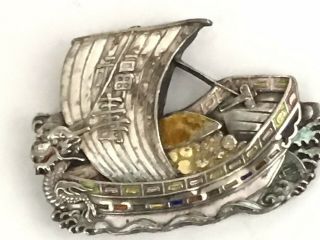 Antique Chinese Export Silver & Enamel Buckle With Dragon Boat A/f C.  1900’s
