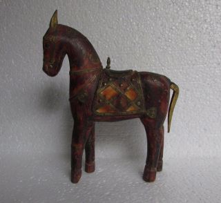 Vintage Old Hand Carved Brass & Bone Fitted Wooden Horse Statue,  Collectible