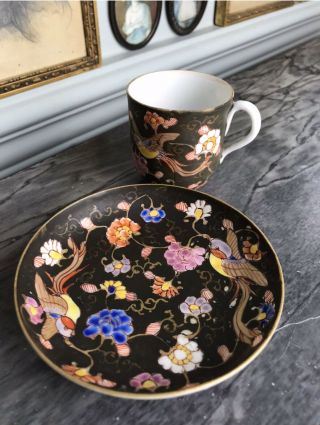 Oriental Demitasse Black Eggshell Porcelain Enamelled Bird And Floral Cup/saucer