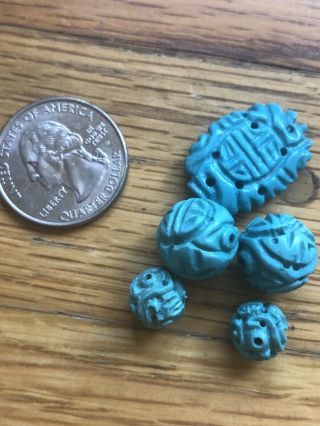 5 Vintage Old Stock Carved Chinese Turquoise Shou Beads 3 Sizes