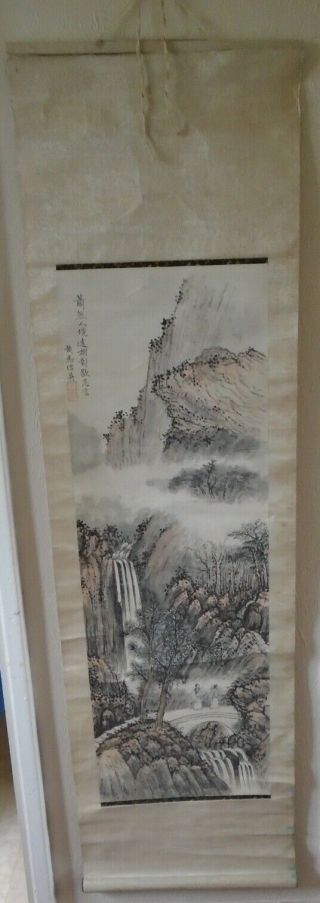 Antique Chinese Scroll Painting Scholars In Garden Calligraphy Signed Circa 1900