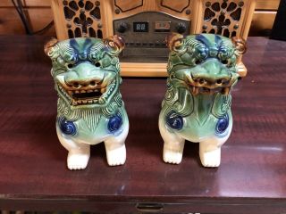 Vintage Pair Vintage Foo Dogs Green & Blue Glazed Ceramic 8 1/2 "