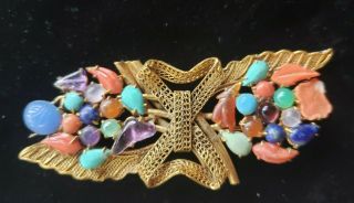 Old Chinese Filagree Leaf Pin Set With Semi Precious Stones And Carved Coral 38