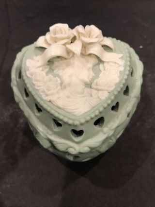 Vintage Blue Green Heart Shaped Ceramic Lidded Trinket Box With Cameo And Flower