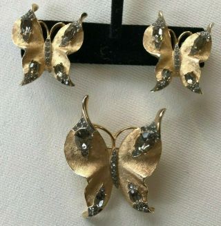 Vtg.  Crown Trifari Butterfly Brooch & Clip Earring Set Brushed Gold & Rhinestone