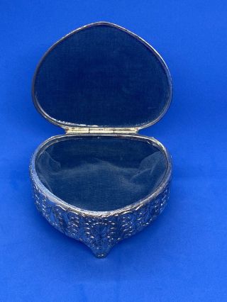 Vintage Good Art Silver Jewelry Trinket Box Heart Shape W/ Legs Floral Japan3.  5”