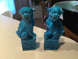 Chinese Ceramics Porcelain Blue Foo Fu Dog Shishi Lion Statue Pair 9” Vintage
