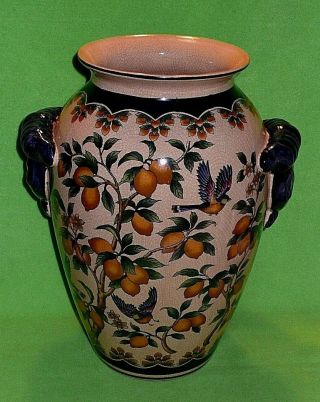 Vintage Large Chinese Porcelain Vase With Colorful Birds In Flight & Lemon Trees