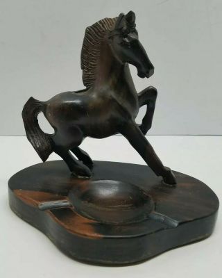 Vtg Wood Hand Carved Horse Stallion Ashtray Collectible Figurine Rare Retro