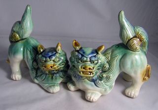Vintage Man & Woman Green Glazed Pottery Chinese Foo Dog - Lion Statues/figure 9 "