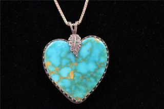 Gorgeous Vintage Navajo Heart Shape Turquoise Sterling Silver Pendant & Necklace