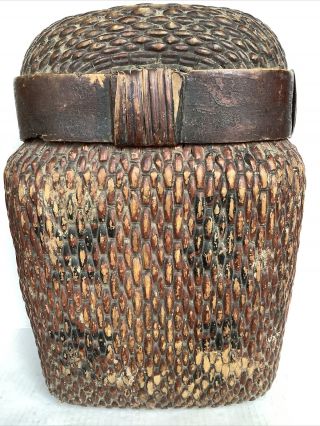 Vintage Antique Woven Wooden Asian Chinese Japanese 15” Basket W/ Lid