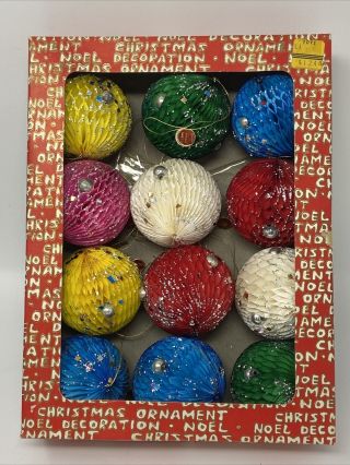 Vintage Box Of Japan Paper Honeycomb Christmas Ornaments Pink White Blue Red