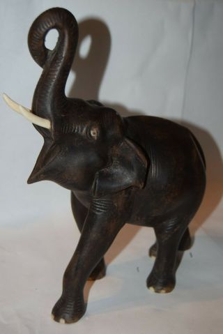 Vintage Large Wooden Hand Carved Elephant Trunk Up Made In India