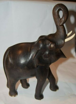Vintage Large Wooden Hand Carved Elephant Trunk Up Made in India 2