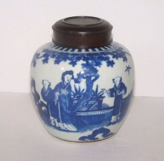 Old Chinese Porcelain Blue & White Ginger Jar With Later Wood Lid